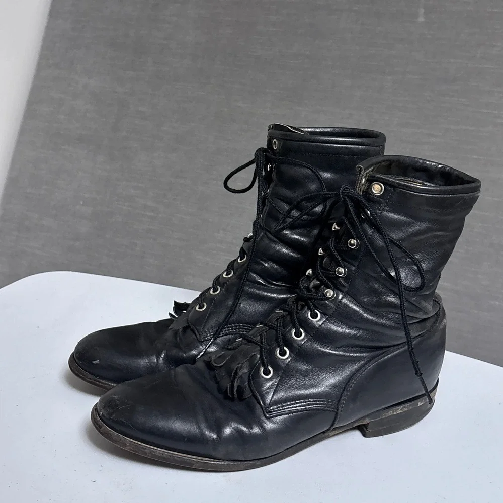 Vintage Justin Lace Up Boots 8.5 D Black Leather Kiltie Work Packer Conductor